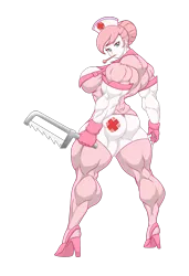 Size: 1024x1500 | Tagged: artist:devmgf, bedroom eyes, bonesaw, breasts, busty nurse redheart, clothes, cutie mark, derpibooru import, female, hacksaw, high heels, human, humanized, muscles, my muscle pony, nurse redheart, overdeveloped muscles, panties, simple background, solo, suggestive, thermometer, thigh highs, thong, transparent background, underwear