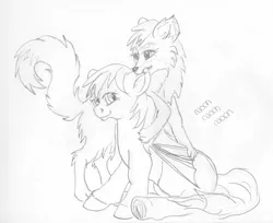 Size: 2325x1893 | Tagged: safe, artist:littlewolfstudios, derpibooru import, oc, oc:kirawolf, oc:qetesh, unofficial characters only, bat pony, pony, wolf, biting, cuddling, cute, ear, friends, nibbling, snuggling