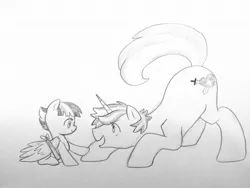 Size: 2048x1536 | Tagged: safe, artist:kianamai, derpibooru import, oc, oc:starburst, oc:valiant heart, unofficial characters only, kilalaverse, cousins, cute, female, filly, kilala97 is trying to murder us, monochrome, next generation, offspring, parent:flash sentry, parent:princess cadance, parent:shining armor, parent:twilight sparkle, parents:flashlight, parents:shiningcadance, pencil drawing, starbetes, story included, traditional art, younger