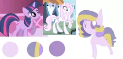 Size: 1124x545 | Tagged: artist:angelstar000, blank flank, derpibooru import, fleur-de-lis, magical lesbian spawn, oc, oc:clock tick, offspring, parent:fleur-de-lis, parent:twilight sparkle, safe, screencap, the ticket master, twilight sparkle