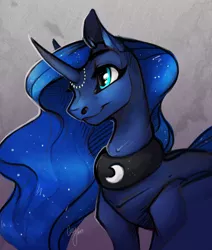 Size: 2200x2600 | Tagged: artist:casynuf, curved horn, derpibooru import, horn jewelry, jewelry, portrait, princess luna, safe, smiling, solo