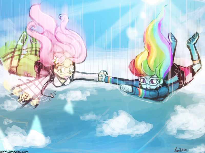 Size: 960x720 | Tagged: safe, artist:lumineko, derpibooru import, fluttershy, rainbow dash, equestria girls, commission, falling, goggles, skydiving