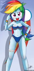 Size: 645x1321 | Tagged: suggestive, alternate version, artist:the-butch-x, derpibooru import, rainbow dash, equestria girls, adorasexy, armpits, athletic tape, backwards cutie mark, beautiful, beautiful x, belly button, bikini, bikini babe, breasts, clothes, cute, cutie mark, cutie mark on equestria girl, dashabetes, erect nipples, explicit source, female, hand on hip, legs, nail polish, open mouth, sexy, signature, solo, solo female, sweatband, swimsuit, thighs, underass, wristband
