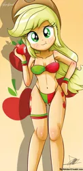 Size: 645x1321 | Tagged: suggestive, alternate version, artist:the-butch-x, derpibooru import, applejack, equestria girls, adorasexy, apple, armpits, beautiful, beautiful x, belly button, bicolor swimsuit, bikini, bracelet, breasts, clothes, cute, cutie mark, cutie mark on equestria girl, eating, erect nipples, explicit source, female, garter, hand on hip, jackabetes, nail polish, sexy, solo, solo female, swimsuit, underass, wristband