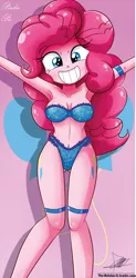 Size: 648x1321 | Tagged: suggestive, alternate version, artist:the-butch-x, derpibooru import, pinkie pie, equestria girls, adorasexy, armband, armpits, beautiful, beautiful x, belly button, bikini, breasts, cleavage, clothes, cute, cutie mark, cutie mark on equestria girl, diapinkes, erect nipples, explicit source, female, frilly underwear, garters, grin, sexy, smiling, solo, solo female, swimsuit, underass, underwear