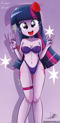 Size: 645x1321 | Tagged: suggestive, alternate version, artist:the-butch-x, derpibooru import, twilight sparkle, twilight sparkle (alicorn), equestria girls, adorasexy, armpits, beautiful, beautiful x, belly button, bikini, both cutie marks, bracelet, breasts, cleavage, clothes, cute, cutie mark, cutie mark on equestria girl, erect nipples, explicit source, female, flower, flower in hair, garter, nail polish, peace sign, sexy, solo, solo female, swimsuit, twiabetes, underass