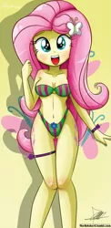 Size: 645x1321 | Tagged: suggestive, alternate version, artist:the-butch-x, derpibooru import, fluttershy, equestria girls, adorasexy, armpits, beautiful, beautiful x, belly button, bikini, both cutie marks, bracelet, breasts, clothes, cute, cutie mark, cutie mark on equestria girl, erect nipples, explicit source, female, garter, nail polish, sexy, shyabetes, solo, solo female, stripes, swimsuit, underass