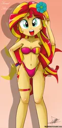 Size: 645x1321 | Tagged: suggestive, alternate version, artist:the-butch-x, derpibooru import, sunset shimmer, equestria girls, rainbow rocks, adorasexy, armpits, beautiful, beautiful x, belly button, bikini, bracelet, breasts, clothes, cute, cutie mark, cutie mark on equestria girl, erect nipples, explicit source, female, flower, flower in hair, garter, hand on hip, peace sign, sexy, shimmerbetes, solo, solo female, swimsuit, underass