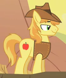 Size: 422x498 | Tagged: safe, derpibooru import, screencap, braeburn, earth pony, pony, over a barrel, clothes, cropped, desert, hat, lidded eyes, male, smiling, solo, stallion, vest