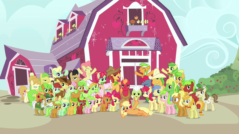 Size: 1280x720 | Tagged: safe, derpibooru import, screencap, apple bloom, apple brown betty, apple bumpkin, apple cinnamon, apple cobbler, apple crumble, apple dumpling, apple flora, apple fritter, apple honey, apple leaves, apple mint, apple pie (character), apple rose, apple split, apple squash, apple strudel, apple tarty, apple top, applejack, aunt orange, auntie applesauce, babs seed, big macintosh, braeburn, bushel, candy apples, florina tart, gala appleby, granny smith, half baked apple, hayseed turnip truck, hoss, liberty belle, marmalade jalapeno popette, minty apple, perfect pie, red delicious, red gala, red june, sweet tooth, uncle orange, wensley, earth pony, pony, unicorn, apple family reunion, apple family, apple family member, apple siblings, barn, crowd, family, sweet apple acres, the oranges, wall of tags