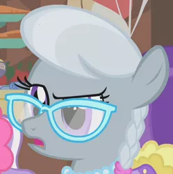 Size: 479x481 | Tagged: safe, derpibooru import, screencap, silver spoon, earth pony, pony, call of the cutie, confused, cute, face, female, filly, foal, frown, glasses, jewelry, necklace, open mouth, pearl necklace, portrait, raised eyebrow, silver spoon is not amused, solo