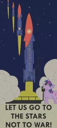 Size: 598x1337 | Tagged: safe, artist:thefieldsofice, derpibooru import, twilight sparkle, pony, unicorn, fallout equestria, fanfic, emblem, fanfic art, female, hooves, horn, mare, ministry mares, ministry of arcane sciences, poster, propaganda, smiling, solo, soviet, spaceship, text