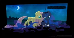 Size: 1279x667 | Tagged: artist:autumndeer, butterfly, crescent moon, derpibooru import, dialogue, female, fluttershy, lesbian, lunashy, moon, night, princess luna, prone, safe, shipping, smiling, spanish, watching