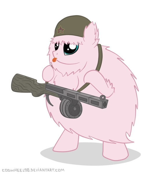 Size: 750x825 | Tagged: safe, artist:cogwheel98, derpibooru import, oc, oc:fluffle puff, unofficial characters only, drum magazine, gun, helmet, ppsh-41, soldier, solo, soviet, submachinegun, tongue out