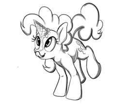 Size: 500x429 | Tagged: safe, artist:tsitra360, derpibooru import, pinkie pie, fake horn, ice cream, ice cream cone, ice cream horn, licking, monochrome, solo, tongue out