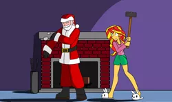 Size: 3400x2008 | Tagged: safe, artist:g-munz, derpibooru import, sunset shimmer, equestria girls, bunny slippers, chimney, clothes, fanfic art, fanfic cover, hammer, santa claus, sledgehammer, slippers, this will end in tears