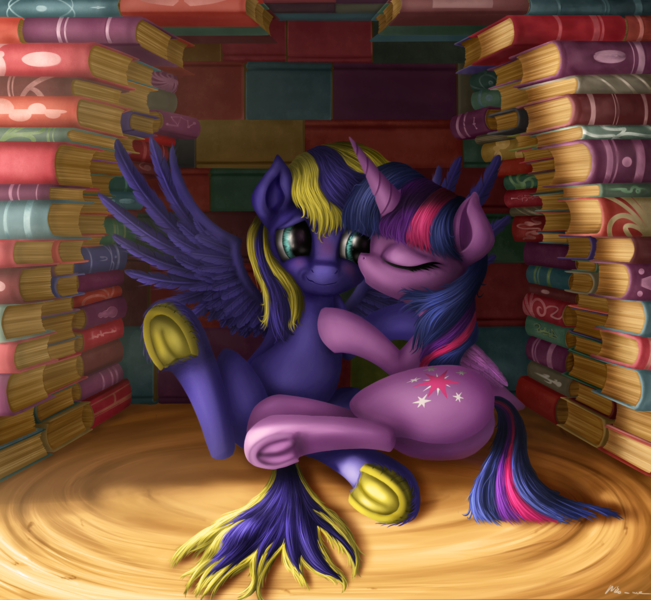 Size: 1753x1616 | Tagged: safe, artist:neko-me, derpibooru import, twilight sparkle, twilight sparkle (alicorn), oc, oc:zephyr, alicorn, pegasus, pony, blushing, book, book fort, canon x oc, eyes closed, female, hug, kissing, male, mare, plot, shipping, side, smiling, spread wings, straight, twiphyr, underhoof, unshorn fetlocks