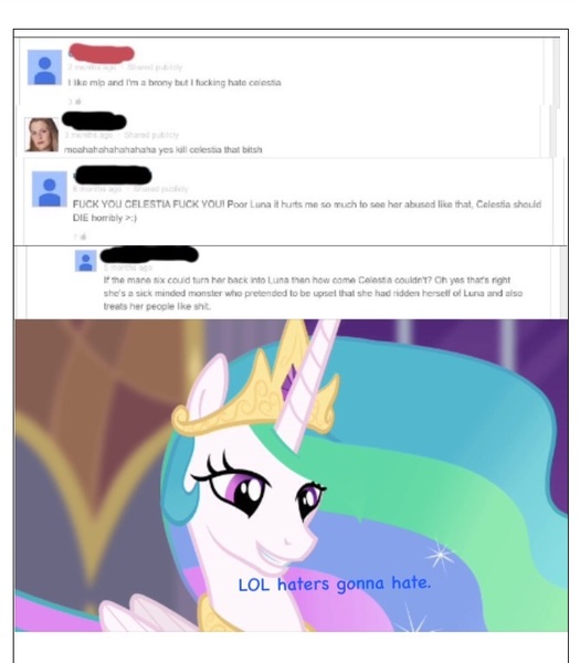 Size: 670x765 | Tagged: butthurt, celestia hate, derpibooru import, drama, haters, haters gonna hate, lol, princess celestia, safe, vulgar, youtube comments