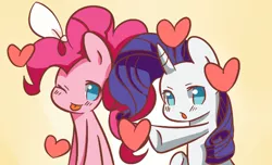 Size: 640x390 | Tagged: safe, artist:joycall6, derpibooru import, pinkie pie, rarity, bow, cute, diapinkes, electric angel, female, heart, lesbian, raripie, shipping, song reference, tongue out, vocaloid, wink