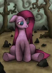 Size: 900x1274 | Tagged: artist:lonelycross, derpibooru import, pinkamena diane pie, pinkie pie, rock, sad, safe, solo, tree