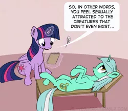 Size: 640x554 | Tagged: suggestive, artist:el-yeguero, derpibooru import, lyra heartstrings, twilight sparkle, twilight sparkle (alicorn), alicorn, pony, dialogue, female, glowing horn, human fetish, irony, levitation, magic, mare, notebook, on back, psychiatrist, telekinesis