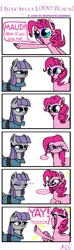Size: 789x2681 | Tagged: artist:mushroomcookiebear, blinking, blushing, comic, crying, cute, derpibooru import, dialogue, diapinkes, ear fluff, exclamation point, eyes closed, happy, looking at each other, maudabetes, maud pie, open mouth, pinkie pie, pointing, raised hoof, sad, safe, simple background, smiling, underhoof