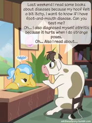 Size: 500x667 | Tagged: artist:adiwan, ask the vet pony, bull, cloven hooves, cow, derpibooru import, doctor fauna, hypochondria, male, safe