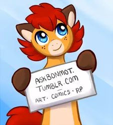 Size: 500x555 | Tagged: safe, artist:bonmot, derpibooru import, oc, oc:bon mot, unofficial characters only, earth pony, hybrid, pony, ask, bipedal, colt, cute, hoof hold, looking up, male, ocbetes, sign, smiling, solo, tumblr, url