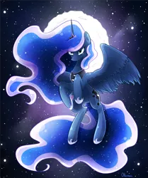 Size: 1439x1723 | Tagged: artist:otkurzacz, derpibooru import, frown, moon, princess, princess luna, safe, solo, spread wings, stars