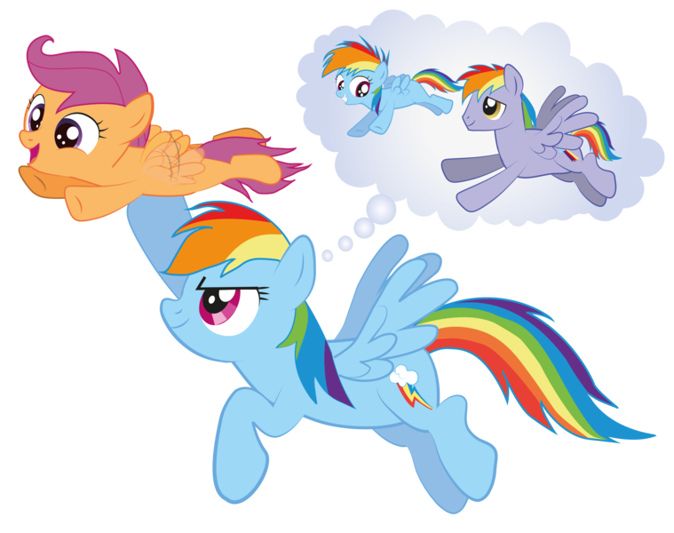 Size: 2500x1976 | Tagged: safe, artist:raggyrabbit94, derpibooru import, rainbow blaze, rainbow dash, scootaloo, pegasus, pony, sleepless in ponyville, assisted flying, cute, cutealoo, dashabetes, father and daughter, female, filly, flapping, flying, grin, happy, looking back, male, mare, open mouth, scootalove, simple background, smiling, smirk, spread wings, squee, stallion, thought bubble, transparent background, underhoof, wings