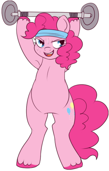 Size: 410x645 | Tagged: artist:lulubell, derpibooru import, pinkie pie, safe, simple background, solo, sweat, transparent background, weight lifting