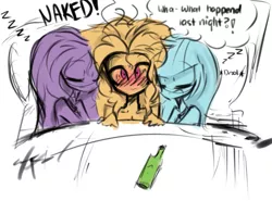 Size: 741x547 | Tagged: suggestive, artist:jankrys00, derpibooru import, adagio dazzle, aria blaze, sonata dusk, equestria girls, rainbow rocks, adaria, arisona, blushing, bottle, breasts, casual nudity, cleavage, dialogue, embarrassed, female, lesbian, morning after, nudity, open mouth, polyamory, polydazzlings, shipping, sleeping, sleeping in the nude, sonagio, the dazzlings, wavy mouth, wide eyes, zzz