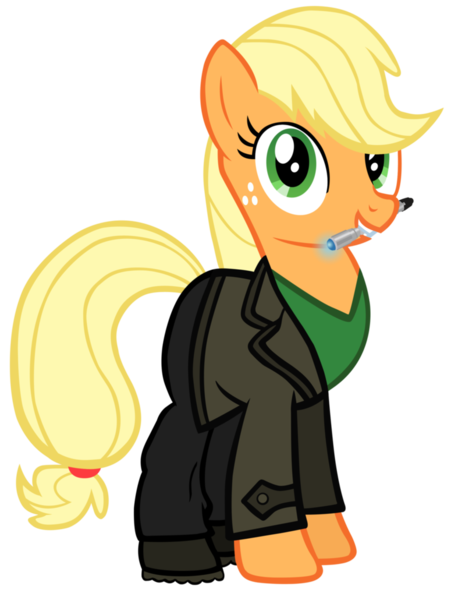 Size: 775x1030 | Tagged: alternate costumes, applejack, artist:cloudyglow, ashleigh ball, christopher eccleston, derpibooru import, doctor who, ninth doctor, safe, simple background, sonic screwdriver