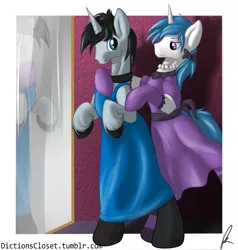 Size: 2569x2703 | Tagged: safe, artist:diction, derpibooru import, oc, oc:frost bright, oc:frost stormwind, unofficial characters only, pony, bipedal, choker, clothes, crossdressing, dress, evening gloves, eyeshadow, mirror, pearl, ribbon, smiling, stockings, unshorn fetlocks