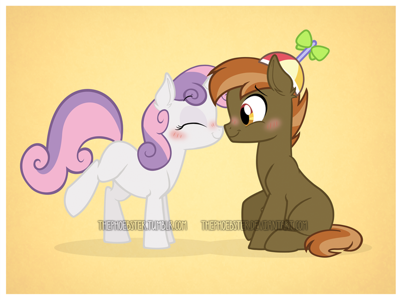 Size: 800x599 | Tagged: artist:thephoebster, blushing, boop, button mash, colt, cute, derpibooru import, eyes closed, female, filly, male, noseboop, safe, shipping, smiling, straight, sweetie belle, sweetiemash