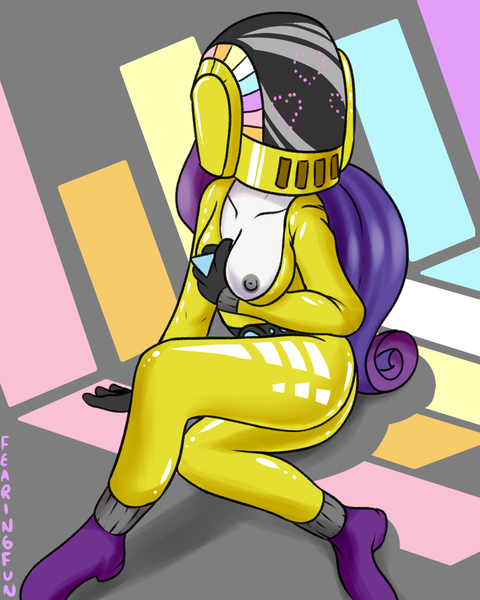 Size: 1000x1250 | Tagged: questionable, artist:fearingfun, derpibooru import, rarity, equestria girls, rainbow rocks, 30 minute art challenge, bodysuit, breasts, clothes, costume, daft punk, daft rarity, female, guy-manuel de homem-christo, helmet, nipples, solo, solo female