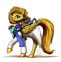 Size: 891x897 | Tagged: artist:mykegreywolf, clothes, cute, derpibooru import, diaper, family, foal, foal carrier, lab coat, mother, oc, oc:bailey, oc:professoranna, oc:zeus, pacifier, parent, safe, scarf, sleeping, unofficial characters only, walking