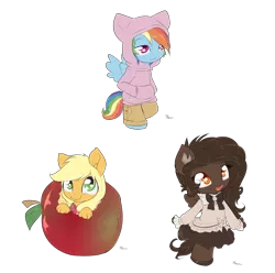 Size: 2067x2050 | Tagged: safe, artist:alasou, deleted from derpibooru, derpibooru import, applejack, rainbow dash, oc, oc:casy, anthro, apple, chibi, clothes, cute, dashabetes, jackabetes, looking at you, micro, simple background, transparent background