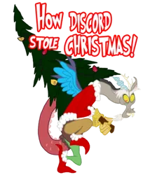 Size: 400x490 | Tagged: artist:allysoncarver, christmas tree, clothes, derpibooru import, discord, how the grinch stole christmas, safe, santa costume, solo, the grinch, tree