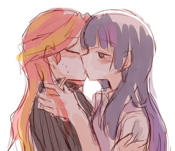 Size: 670x579 | Tagged: safe, artist:gyaheung, derpibooru import, sunset shimmer, twilight sparkle, human, blushing, eyes closed, female, humanized, kissing, lesbian, shipping, sunsetsparkle, sweat