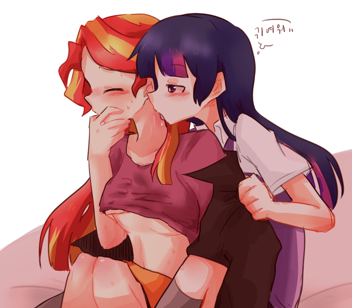 Size: 971x851 | Tagged: questionable, artist:gyaheung, derpibooru import, sunset shimmer, twilight sparkle, twilight sparkle (alicorn), human, breast fondling, breast grab, breasts, female, grope, humanized, korean, lesbian, licking, midriff, neck licking, shipping, sunsetsparkle