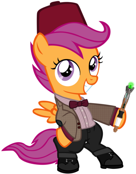 Size: 788x1013 | Tagged: alternate costumes, artist:cloudyglow, derpibooru import, doctor who, eleventh doctor, fez, hat, safe, scootaloo, simple background, sonic screwdriver