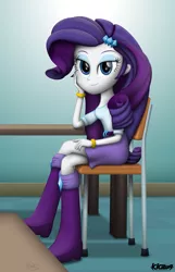 Size: 3213x5004 | Tagged: safe, artist:kiowa213, derpibooru import, rarity, equestria girls, bedroom eyes, boots, bracelet, canterlot high, chair, clothes, high heel boots, jewelry, looking at you, raised leg, signature, sitting, skirt, solo, table