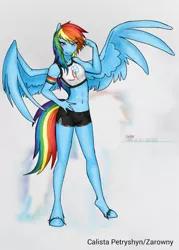 Size: 500x700 | Tagged: anthro, artist:calyartist, belly button, clothes, derpibooru import, midriff, rainbow dash, safe, shorts, solo, sports bra