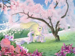 Size: 8000x6000 | Tagged: safe, artist:ilquira, derpibooru import, fluttershy, alicorn, pony, alicornified, flower, fluttercorn, large wings, princess, race swap, scenery, scenery porn, solo, spread wings, tree