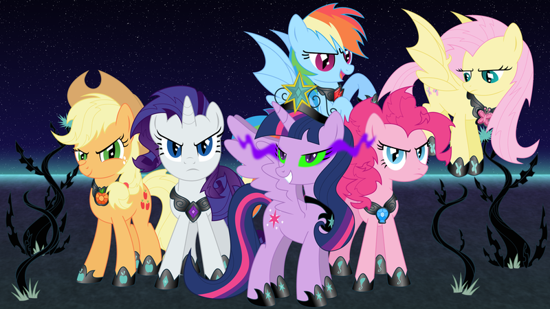 Size: 1920x1080 | Tagged: safe, artist:dashiemlpfim, artist:kaylathehedgehog, derpibooru import, applejack, fluttershy, pinkie pie, rainbow dash, rarity, twilight sparkle, twilight sparkle (alicorn), oc, oc:twivine sparkle, alicorn, bat pony, pony, black vine, corrupted, evil, female, flutterbat, mane six, mare, sombra eyes, wallpaper