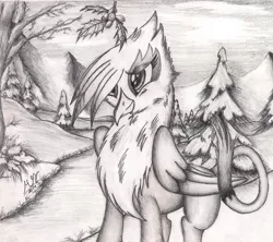 Size: 2324x2060 | Tagged: safe, artist:graboiidz, derpibooru import, gilda, gryphon, holly, holly mistaken for mistletoe, monochrome, snow, solo, traditional art, tree