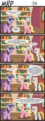 Size: 800x2153 | Tagged: safe, artist:umneem, derpibooru import, lily, lily valley, twilight sparkle, twilight sparkle (alicorn), oc, oc:dispersion, alicorn, earth pony, pony, unicorn, comic:my rational pony, 4koma, book, bookshelf, comic, female, golden oaks library, mare