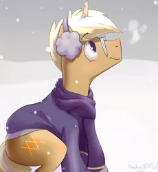 Size: 1280x1394 | Tagged: artist:hoodoo, clothes, cute, derpibooru import, earmuffs, glasses, profile, safe, scarf, sitting, smiling, snow, snowfall, solo, sweater, trenderhoof, winter