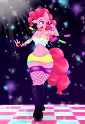 Size: 1001x1445 | Tagged: suggestive, artist:bookxworm89, derpibooru import, pinkie pie, anthro, armpits, belly button, boots, breasts, busty pinkie pie, cleavage, clothes, covered nipples, dance floor, ear piercing, female, fingerless gloves, fishnets, gloves, glowstick, miniskirt, necklace, open mouth, pacifier, panties, pasties, peace sign, piercing, raised eyebrow, rave, skirt, smiley face, solo, solo female, thong, tongue out, tube top, underwear, wink